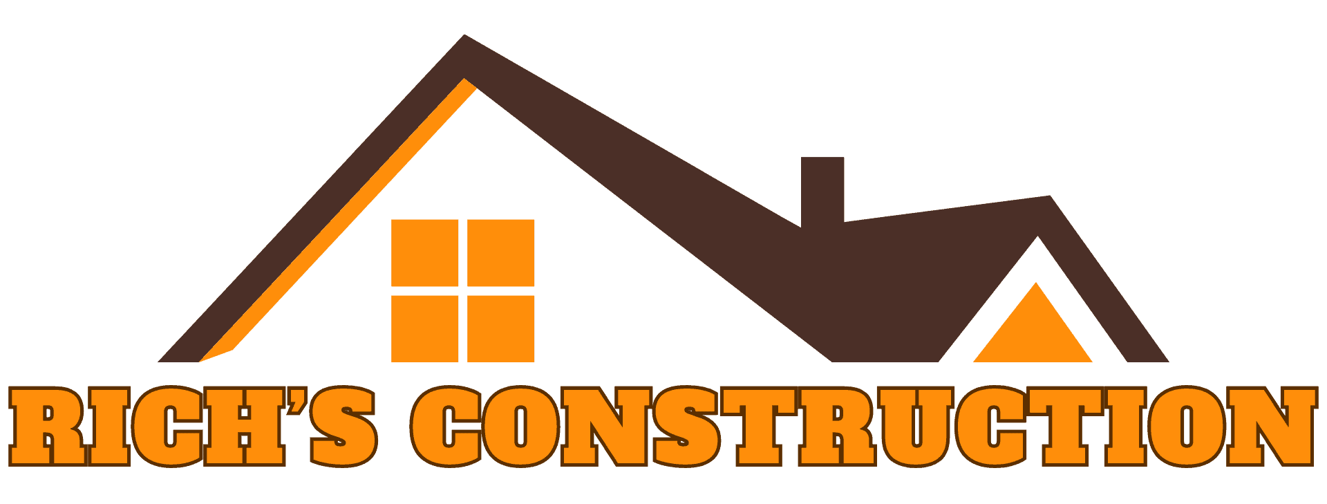 Logo for Rich's Construction. The image features a stylized house roof and chimney with window icons in shades of brown and orange. Below the roof, the text "RICH'S CONSTRUCTION" is prominently displayed in bold, capitalized, orange letters—perfect for those needing Roof Replacement Long Island services.